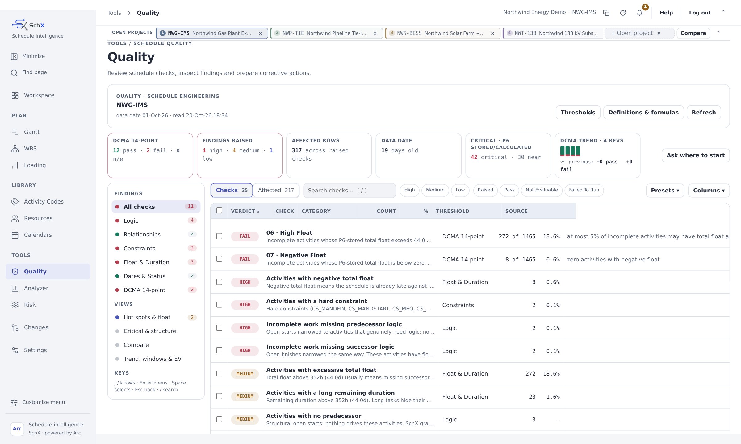 SchX Quality page with DCMA 14-point results